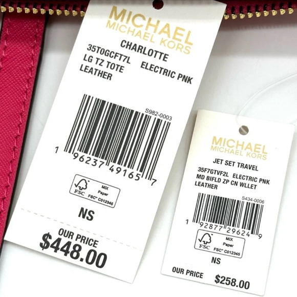 Michael Kors Large Charlotte Tote Bag & MD Bifold Zip Chain Wallet Electric Pink - Picture 16 of 16